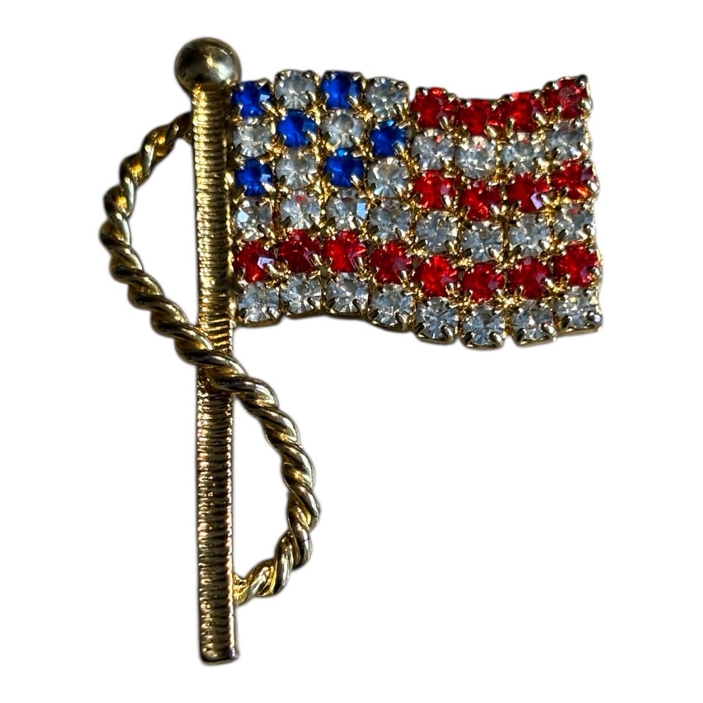 American Flag Brooch with Red, Blue, and Silver Crystals Gold Tone